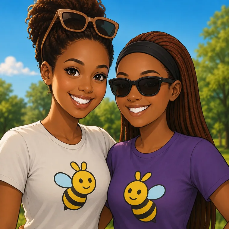 The two friends behind Buzey Bees, in their bee t-shirts